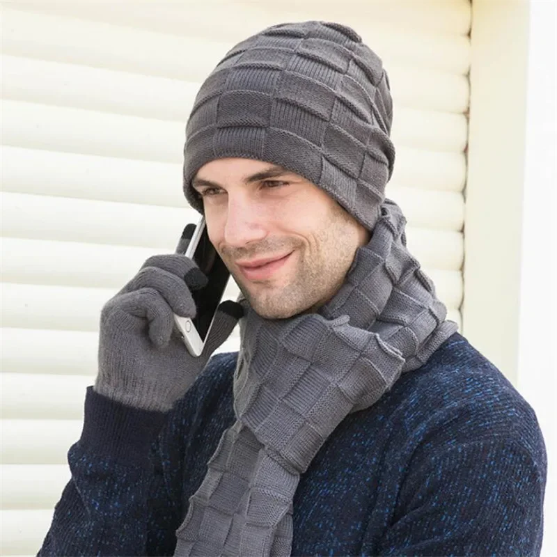 Men Knitted Long Scarf Hat Gloves 3 Piece Set Winter Warm Plush Protection Ear Cap Scarves And Touchscreen Gloves