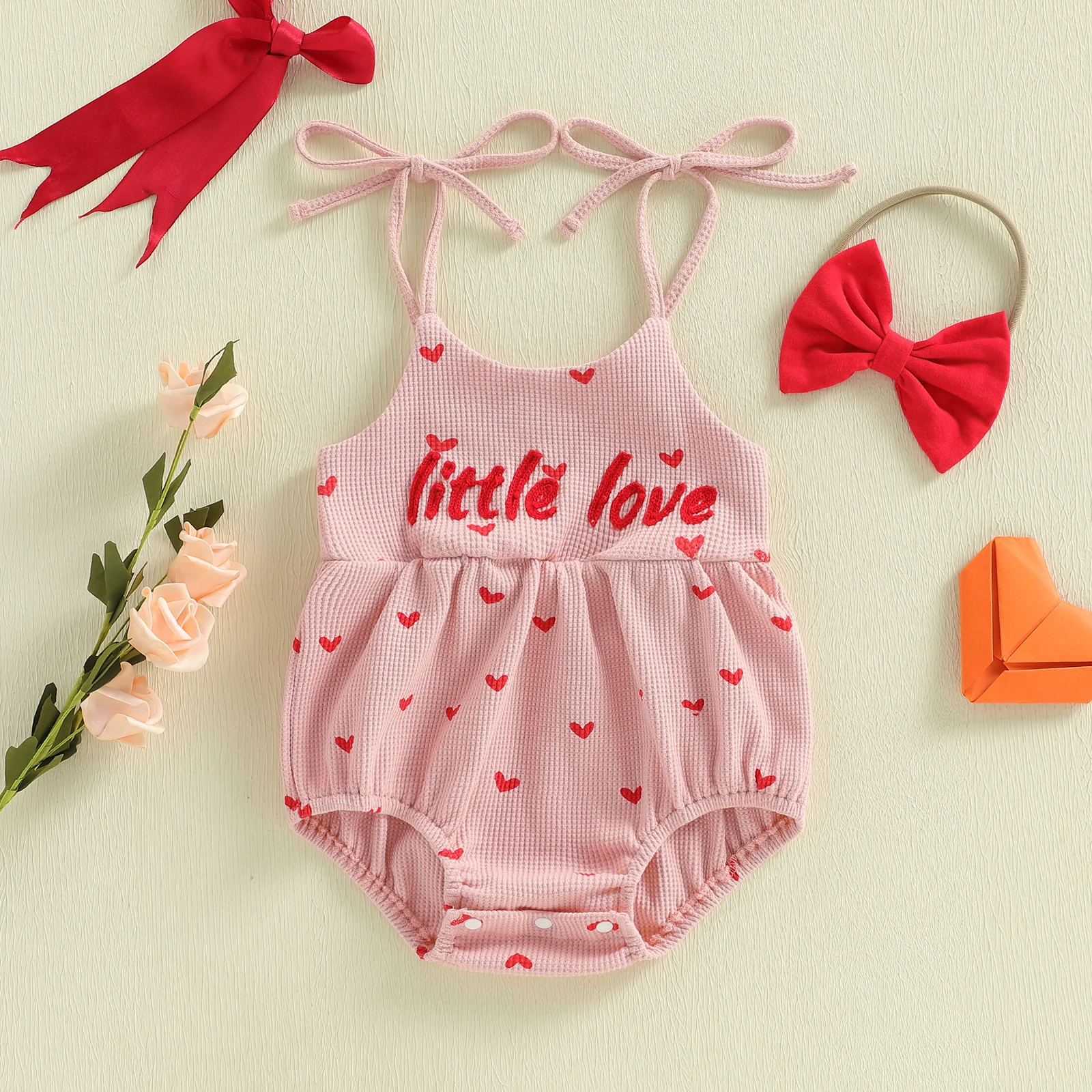 Toddler Girl Heart Print Sleeveless Romper with Letter Embroidery and Tie-up Straps Matching Bow Headband Set for Valentine s