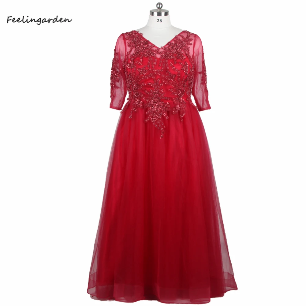 

Feelingarden Evening Dresses Burgundy Beading V-neck Full Sleeves Lace up Tulle A-line Floor Length Plus size Party Dress D886