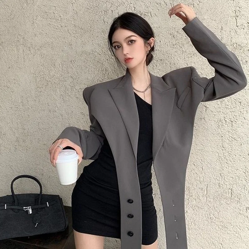 

Women New Sexy Backless Grey Vintage Fashion Chic Korean Blazers Elegant Long Sleeve Blazer Outwear Notched Streetwear All-match
