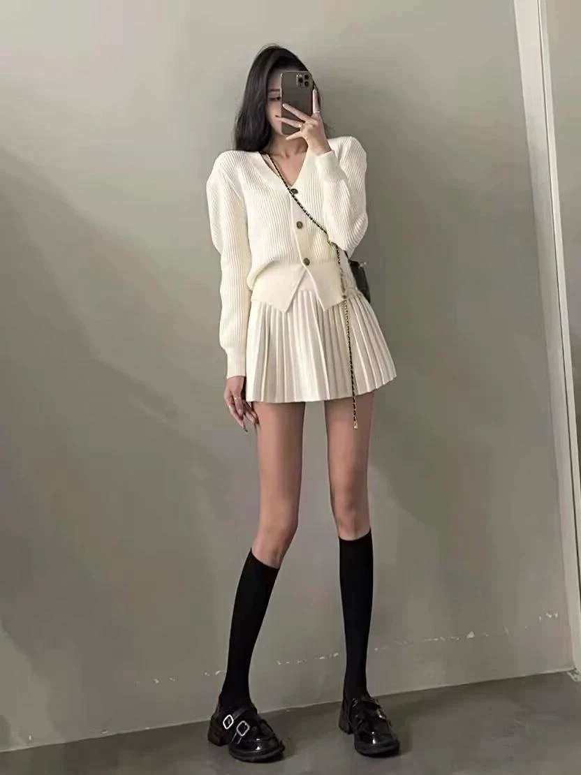 Casual Knitted 2 Piece Set Single Breasted V-neck Top + High Waist Mini Pleated Skirt Autumn Spring Korean Fashion Solid Outfits