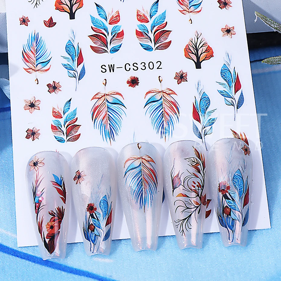 2pcs Autumn Maple Leaf Nail Art Sticker 3D Colorful Leaves Petals Design Self-Adhesive Nail Decals Sliders Manicure Decoration