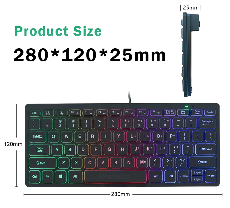 APAYADO K1000 슬림 유선 키보드 78 키 RGB 백라이트 미니 키보드 반투명 키캡 사무실용 조용한 휴대용
