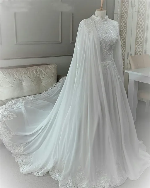 Dubai muslim wedding dresses with cape long sleeves chiffon lace appliques islamic bridal gowns high neck