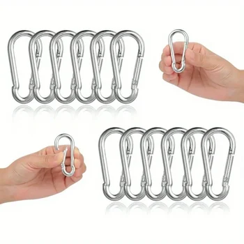 12pcs Stainless Steel Carabiner Set, 6x60mm, 180kg Load Capacity, Rust-Resistant Galvanized, Multi-Use for Outdoor Activitie