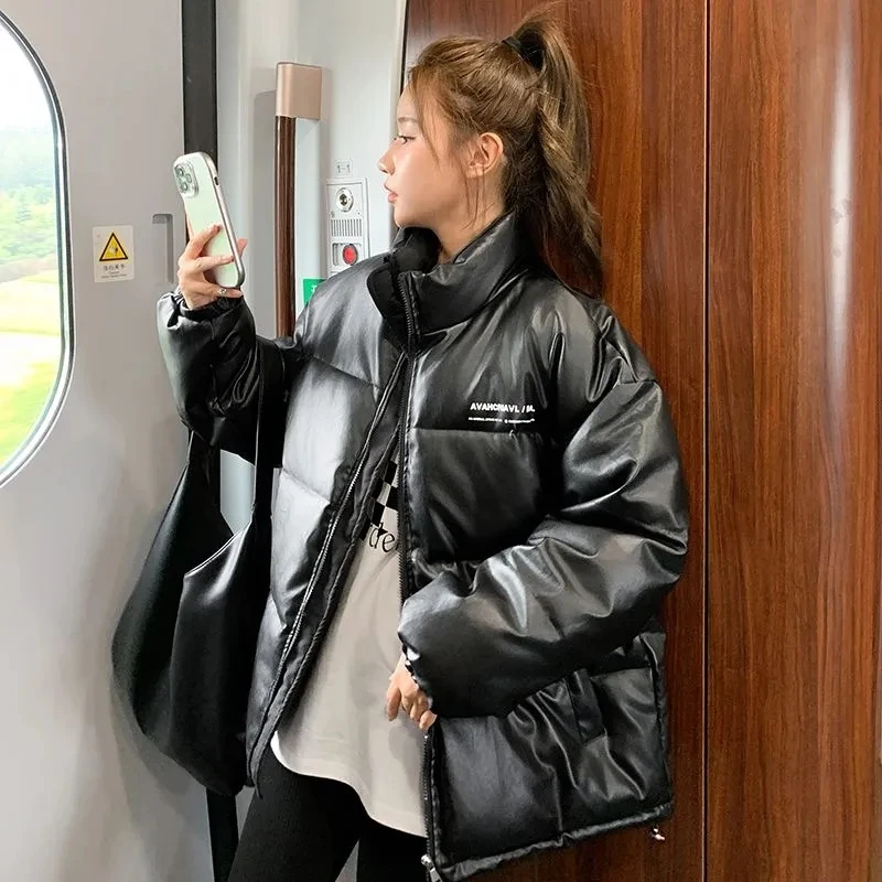 PU Leather Parkas Coat Womens Winter Fashion Black Classic Thick Warm Loose Casual Oversized Jackets Stand Collar Outerwear