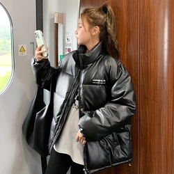 PU Leather Parkas Coat Womens Winter Fashion Black Classic Thick Warm Loose Casual Oversized Jackets Stand Collar Outerwear