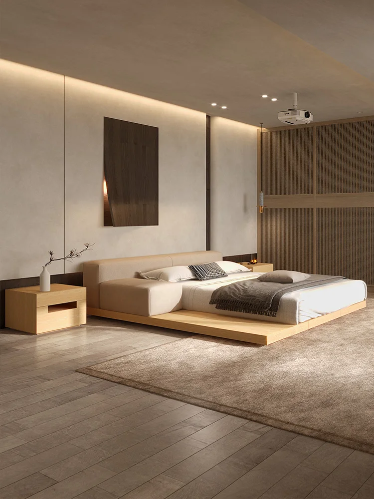

Cloth bed master bedroom Nordic logs wind quiet wind tatami floor designer Japanese double technology cloth bed