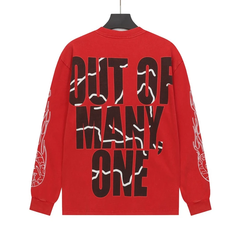 Waed Red Long Sve T-irt ex Couples Skull Letter Print American Sle Cotton round Ne Geometric Patterned Tee