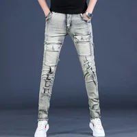 Vintage American Style Men's Jeans Loose Fit Casual Look Frayed Slims Smooths Your Silhouette Long Pants Small Footsie Trendy
