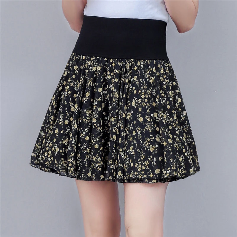 pleated midi skirt 2021 Chiffon Short Skirt Wave Dot Skirt Puffy  Pants Summer Large Anti Light High Waist Half  A-line Yarn  Female Big flower brown skirt Skirts