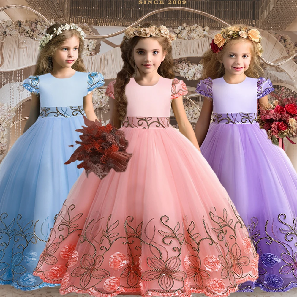 Amazon.com: Baixia Embroidery Flower Girls Princess Dress Costume Long  Evening Party Kids Dress Girls Wedding Gown Children Clothes Bean Pink 7 :  Clothing, Shoes & Jewelry