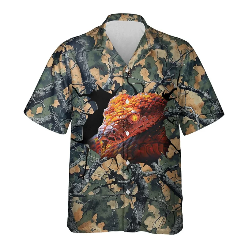 thumbnail image 1 of Camisa hawaiana con estampado de serpiente de terror para hombre, divertida camisa hawaiana con estampado 3D de serpiente, blusas casuales de verano de manga corta con solapa, 1 of 5