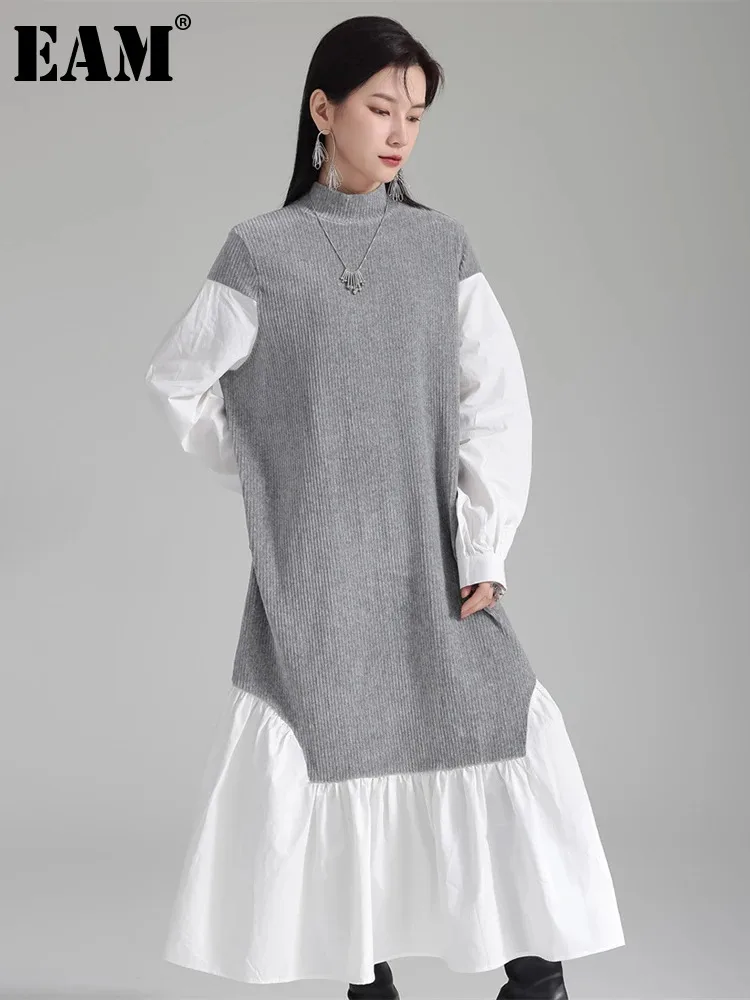 

[EAM] Women Color-block Big Size Knitting Long Dress New Half High Collar Long Sleeve Fashion Tide Spring Autumn 2024 1DH3285