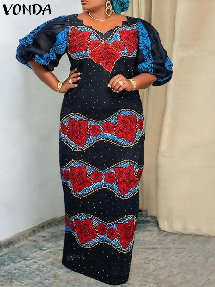 

VONDA Women Maxi Dress Summer Sundress 2023 Bohemian Printed Sexy V-Neck Puff Long Sleeve Vintage Casual Loose Party Robe Femme