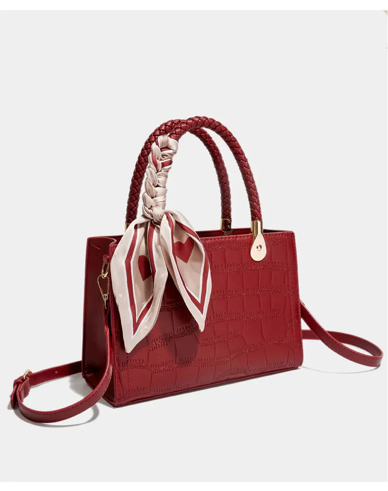 Jenny&Dave Italian Elegant Textured Handbag Party Casual Bag Fashion Ladies Vintage Square Leather Handbag Women With Silk Scarf