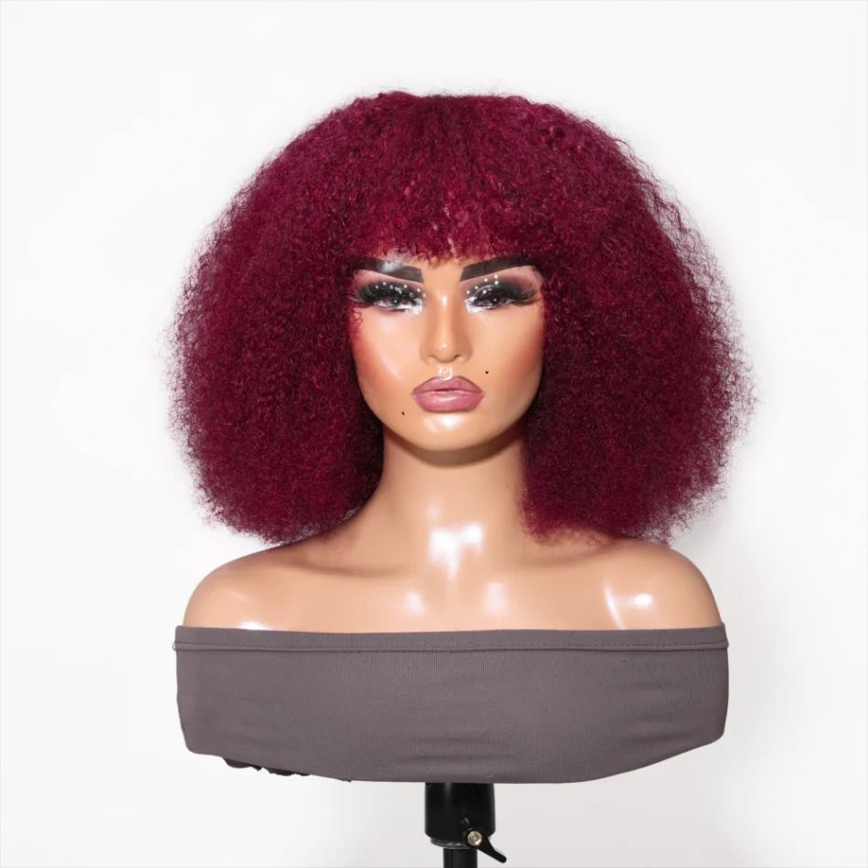 

Unice Hair Burgundy Red 99J Afro Curly Bob Wig With Bangs Glueless Wig for Women Human Hair Wear and Go Air Wig Full Machine
