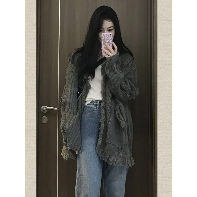 

Deeptown Harajuku Gray Knitted Cardigan Vintage Grunge Y2k Sweater Women Korean Fashion Oversized Distressed Knitwear Autumn