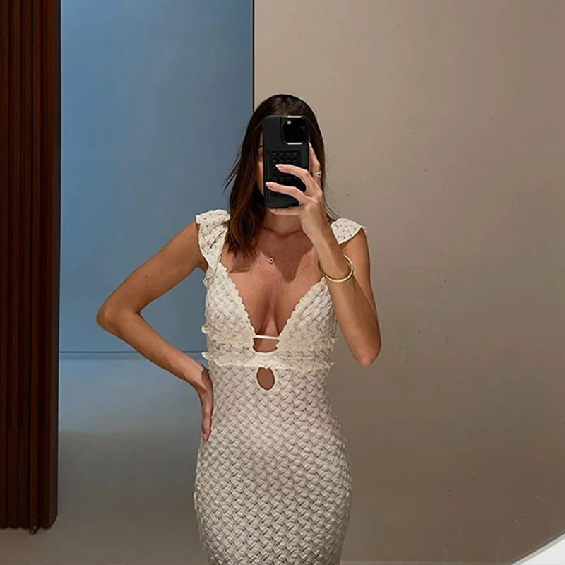 

Xeemilo Sexy V-neck Knitted Dress Summer White Hollow Buttocks Wrapped Women's Dress Fashionable Slim Fit Suspender Dress