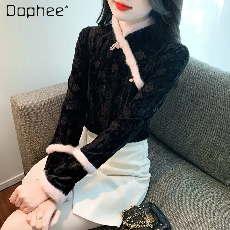 Chinese Style Hanfu Improved Cheongsam Flocking Black Bottoming Shirt Autumn and Winter New Women's Elegant Slim Inner Wear Top