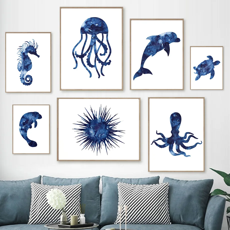 

Navy Blue Animal Sea Urchin Starfish Turtle Dolphin Posters And Prints Wall Art Canvas Painting Wall Pictures Living Room Decor