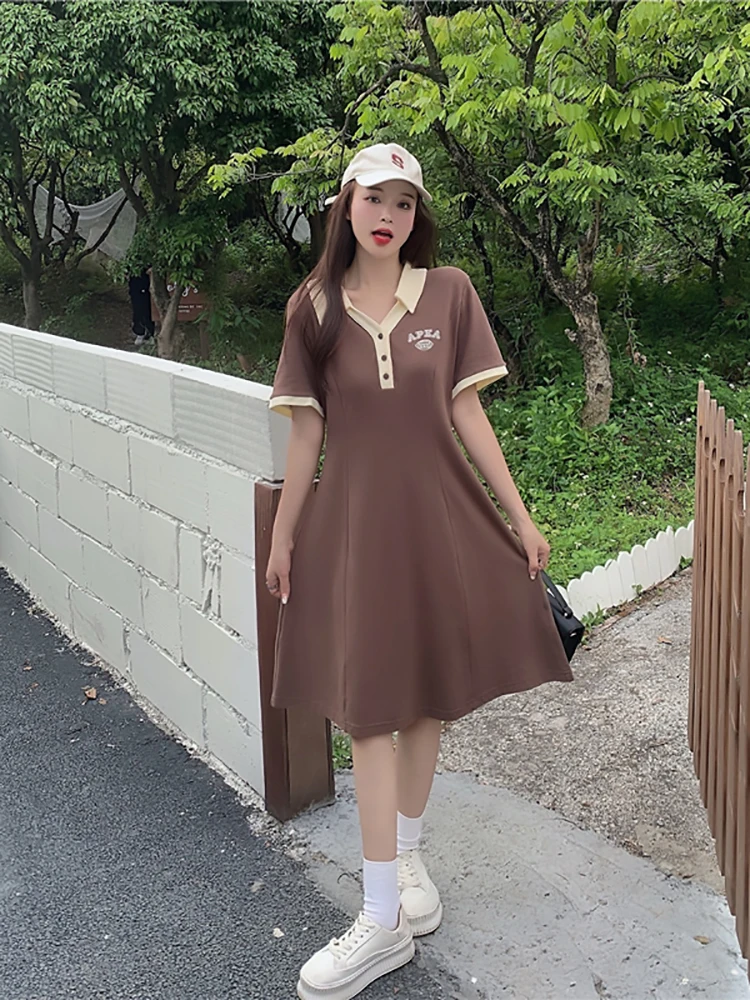 

Платье-Поло женское ТРАПЕЦИЕВИДНОЕ с коротким рукавом, офисный Спортивный Повседневный приталенный классический сарафан в стиле пэчворк, модная одежда в Корейском стиле, на лето