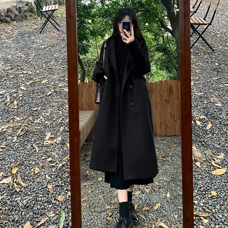 Hepburn Style Black Woolen Coat With High-end Feel Autumn New Slimming Medium Length Woolen Coat For Women's Commuting Versatile