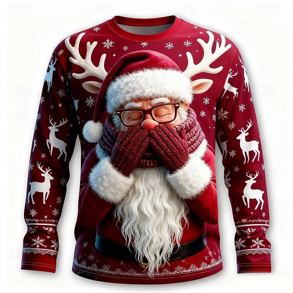 Big And Tall Christmas Shirt Men's Ugly Christmas T-Shirt - 3D Digital Christmas Trees Long Sleeve Holiday Tee 3D Printed Holiday Tee