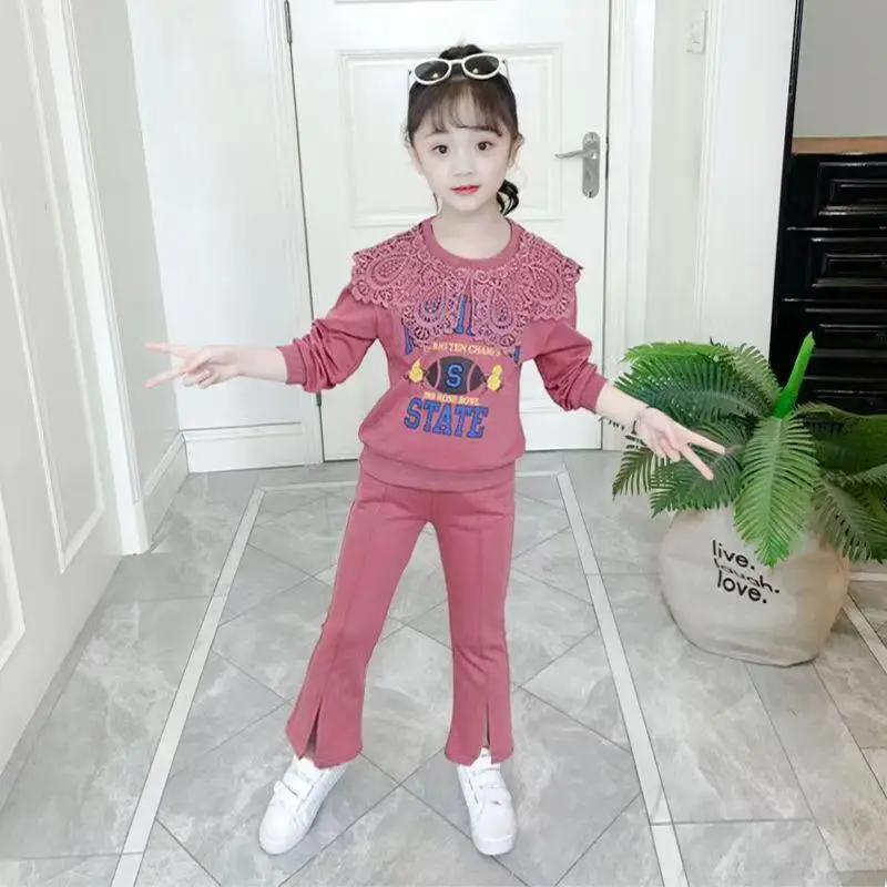 

Cotton Girl Suit Spring And Autumn 2023 New Children's Lace Fashion Lace Long-Sleeved T-Shirt Flare Pants Girl Two-Piece Set