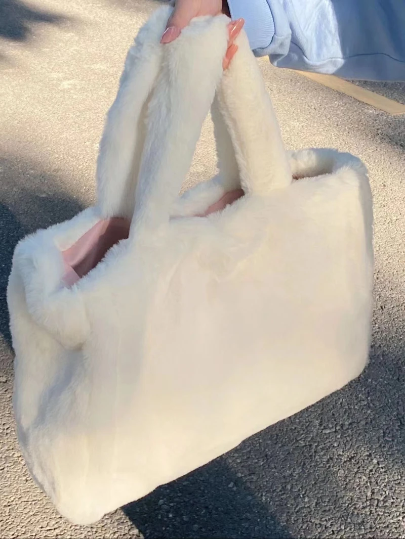 Mode Winter Große Kapazität Flauschige Umhängetasche Weiche Plüsch Tote Handtasche Lässige Warme Einkaufstasche – Detail 8