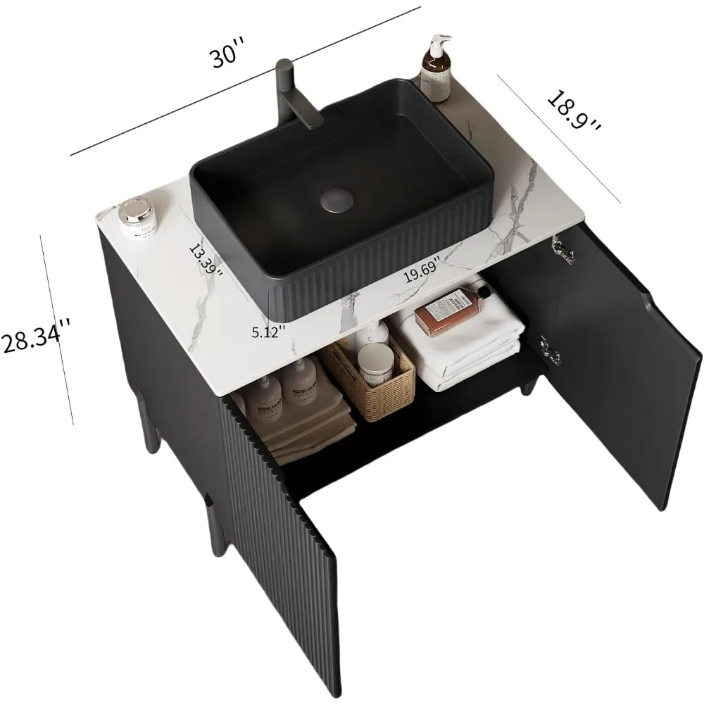 30" Bathroom Vanity with Sink, Freestanding Bathroom Storage Cabinet Ceramic Basin and Carrara Sintered Stone Counter Top 2