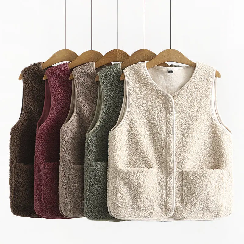 Lamb Wool Vest Women Bodywarm Warm Waistcoat Windproof Lightweight Sleeveless Zipper Jackets Autumn And Winter Vests For Women winter men s vest sleeveless sweater zipper cardigan waistcoat stripe feece wool casual fashion velvet knitwear