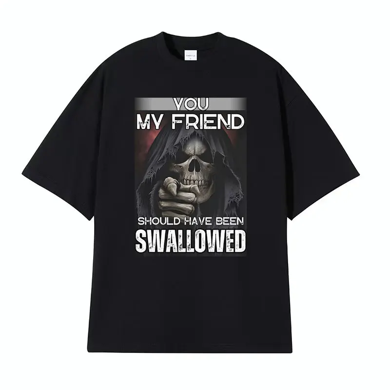 

Футболка мужская оверсайз с забавным принтом злого скелета, модная винтажная тенниска в готическом стиле, повседневная майка с графическим принтом в виде мема, уличная одежда