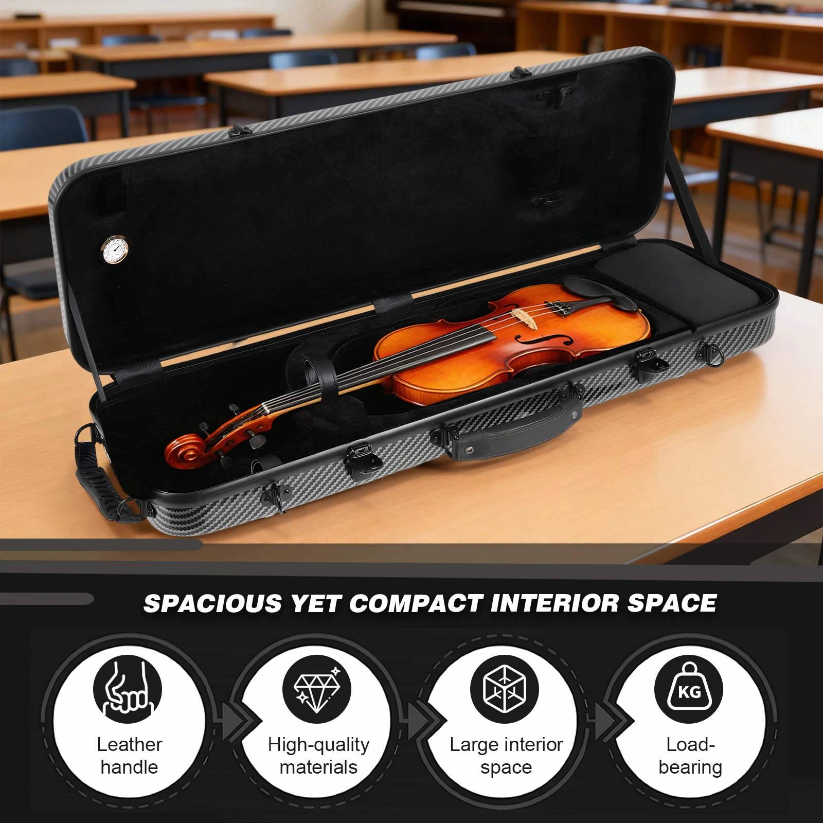 4/4 Full Size Violin Hard Case with Password Lock Rectangle Black Violin Storage Box Carbon Composite Violin Protection Box
