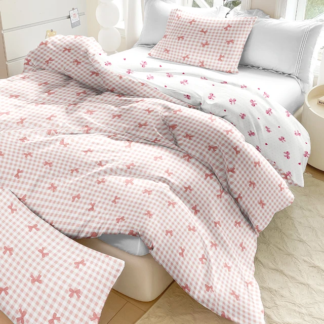 Ensemble de housse de couette à imprimé carreaux et nœuds (1 housse de couette et 2 taies d'oreiller), ensemble de literie doux et respectueux de la peau, 3 pièces/ensemble 1