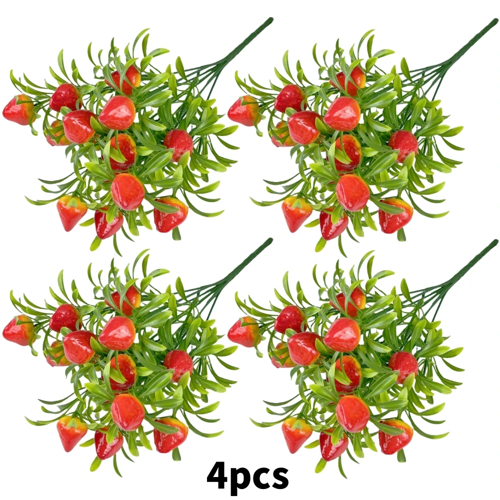 Artificial Strawberry Fruit Plant Set - Decorative Home & Outdoor Décor, Floral Arrangements, Wedding & Holiday Party Accents (4pcs)