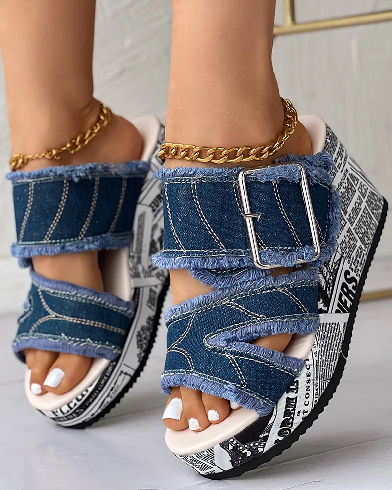 Women Sandals Casual Denim Wedge Slippers