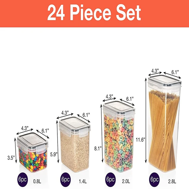 24 Pack Airtight Food Storage Container Set - BPA Free Clear Plastic  Kitchen and Pantry Organization Canisters with Durable Lids for Cereal, Dry  Food Flour & Sugar - Labels, Marker & Spoon