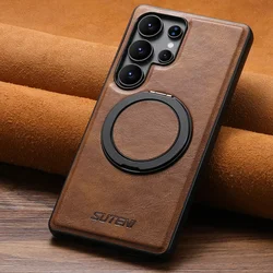Magnetic Foldable Leather Phone Case with Stand and Wireless Charging Compatibility - S23Ultra (Brown)