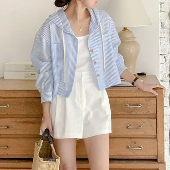 Women's Summer Slimming Shirt Short Striped Loose Sunshade Air Conditioned Open Cardigan Hooded New Model Heat Protection 1