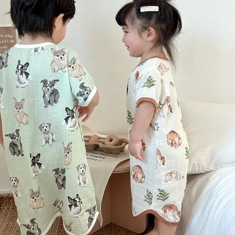 Babyrobea 순면 원사 어린이 반팔 잠옷,  수면 원피스, 반팔 잠옷, 2024 여름