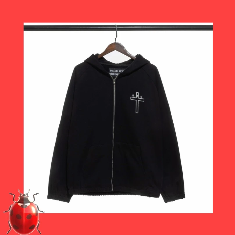 Chest ERD Cross Logo Zipper Enfants Riches Deprimes Fleece Hoodie Jacket Black Men Women High Street  Loose Fit Sweatshirts