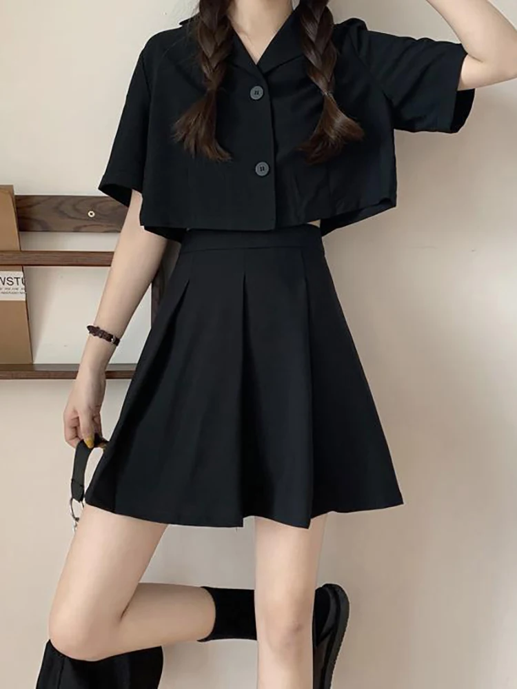 

2023 Summer Korean Elegant Women's Suit with Skirt Loose Girl Short Small Suit Jacket Top High Waist Pleated Skirt 2 Piece Sets