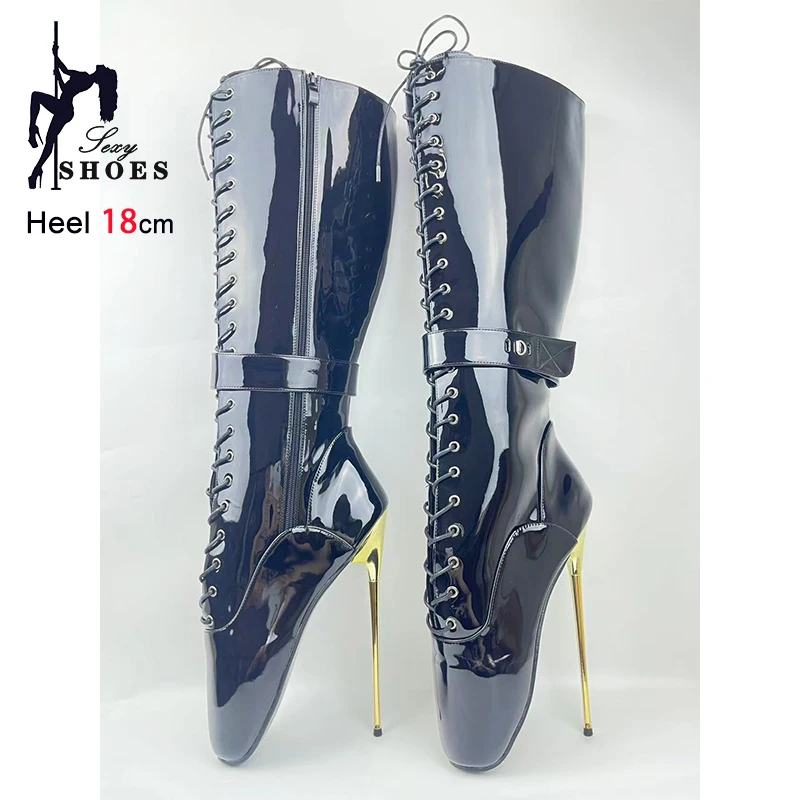 New 7" Stiletto Lockable Padlocks Sexy Fetish Mid-calf Boots Night Club Women Black Ballet Boots Fashion Cross dressing Shoes