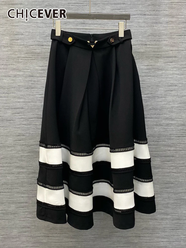 

CHICEVER Elegant Loose A Line Skirts For Women High Waist Striped Colorblock Temperament Midi Skirt Female Summer Clothing New