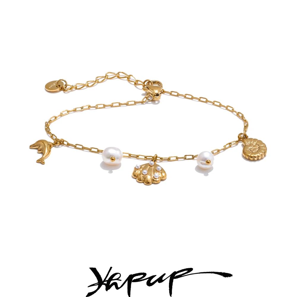 Yhpup Style Stainless Steel Natural Pearl Shell Drop Bangle Gift