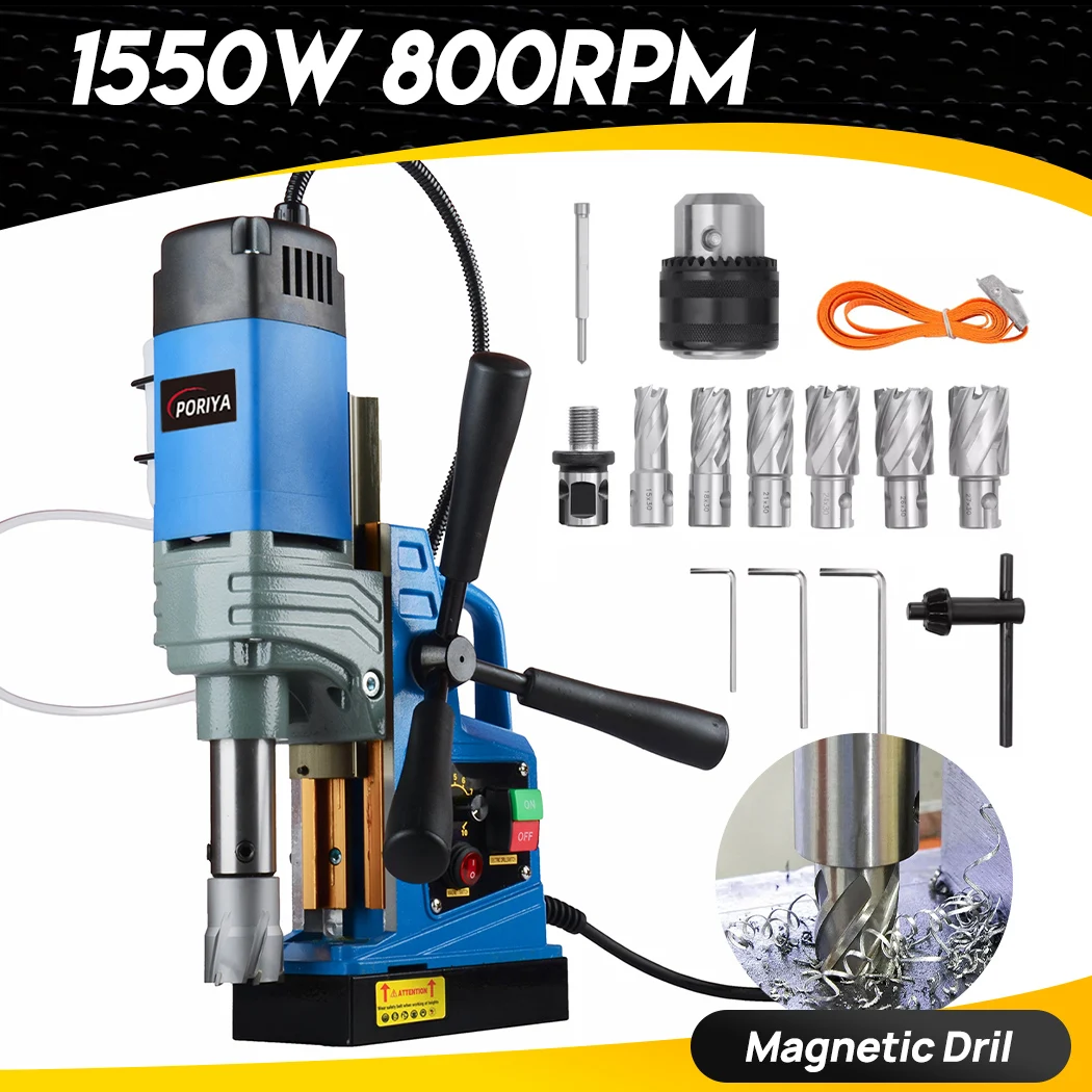 PORIYA Magnetic Drill 1550W 2922lbf/13000N Portable Mag Drill Press 500RPM 6 Bits Blue - 1