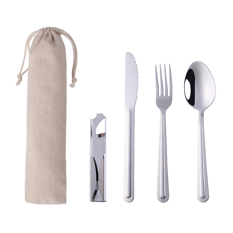 4 PCS Camping Set Outdoor Hiking & Travel picnic BBQ Stainless steel Tableware set with Bottle Opener