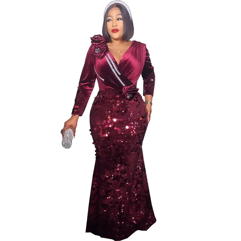 

Plus Size Elegant Velvet Sequins Women Long Maxi Dress 3D Floral Long Sleeve Bodycon Evening DressesFloor Length Party Vestidos