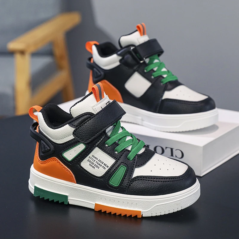 Fashion Kids Sneakers Casual Shoes Boys High Top Leather Waterproof Board Shoe Children Non-slip Sports Walking Shoes Size 28-38 four seasons fashion kids sneakers rubber boys girl board shoes high top new kids breathable casual shoes sports walking shoes